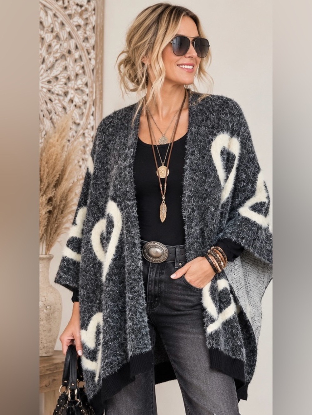 Styliné-Fuzzy Heart Print Open Front Poncho/Cardigan One Size Gray Cream & Black